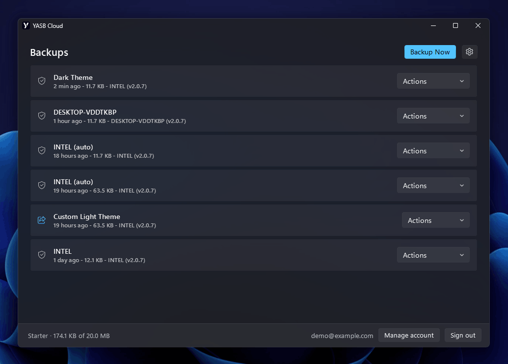 Backups list